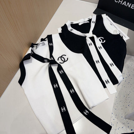 TANK TOP 624514 IN WHITE COTTON RIBBED BLACK TRIM AND BOW