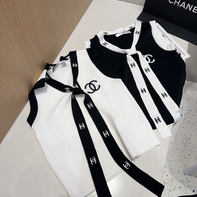 TANK TOP 624514 IN WHITE COTTON RIBBED BLACK TRIM AND BOW