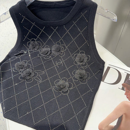 TANK TOP 633205 IN BLACK COTTON RIBBED KNIT EMBOSSED FLORAL