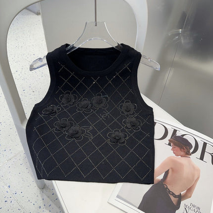 TANK TOP 633205 IN BLACK COTTON RIBBED KNIT EMBOSSED FLORAL