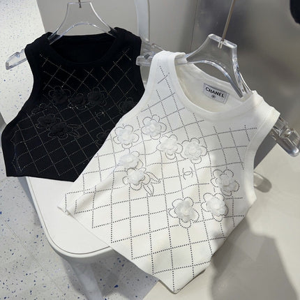 TANK TOP 633205 IN BLACK COTTON RIBBED KNIT EMBOSSED FLORAL