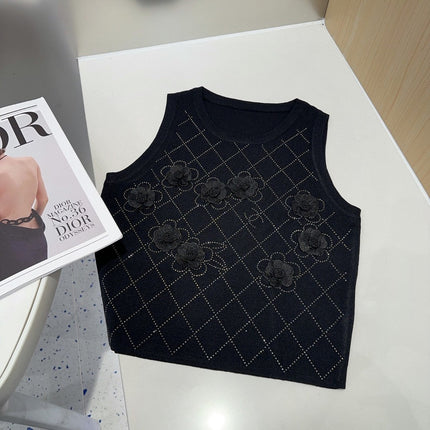 TANK TOP 633205 IN BLACK COTTON RIBBED KNIT EMBOSSED FLORAL