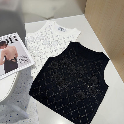 TANK TOP 633205 IN BLACK COTTON RIBBED KNIT EMBOSSED FLORAL