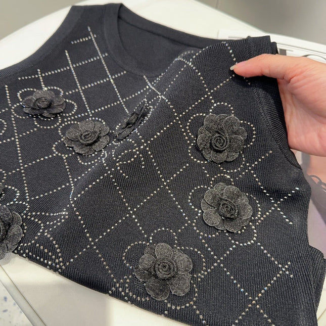 TANK TOP 633205 IN BLACK COTTON RIBBED KNIT EMBOSSED FLORAL