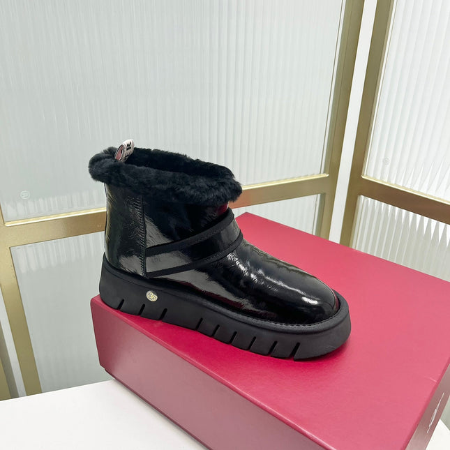 VIV’ WINTER FUR STRASS BUCKLE ANKLE BOOTS IN BLACK PATENT CALFSKIN