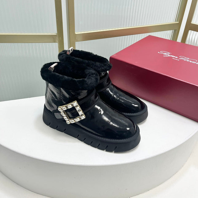 VIV’ WINTER FUR STRASS BUCKLE ANKLE BOOTS IN BLACK PATENT CALFSKIN