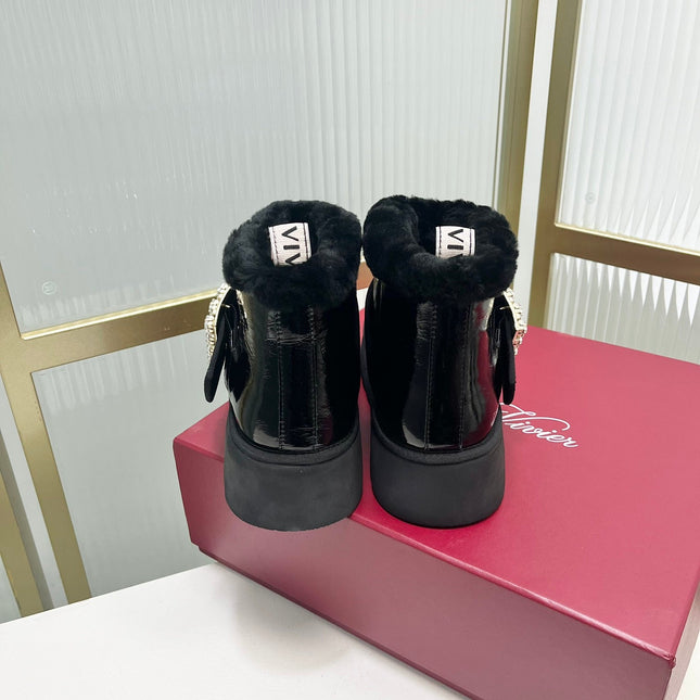 VIV’ WINTER FUR STRASS BUCKLE ANKLE BOOTS IN BLACK PATENT CALFSKIN