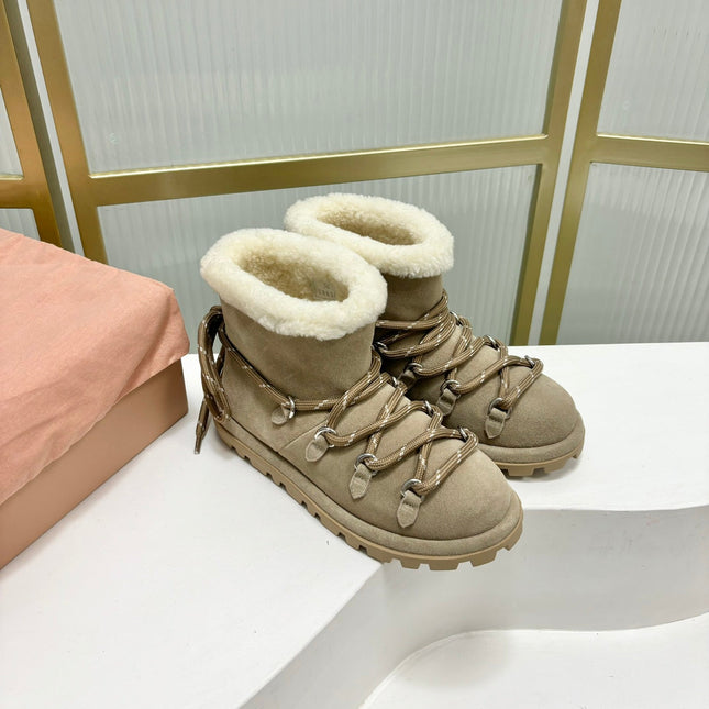 LACE-UP ANKLE BOOTS IN BEIGE SUEDE AND FLEECE LINING