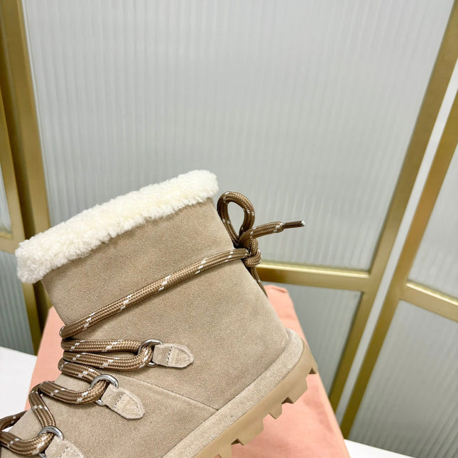 LACE-UP ANKLE BOOTS IN BEIGE SUEDE AND FLEECE LINING