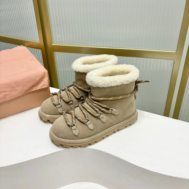 LACE-UP ANKLE BOOTS IN BEIGE SUEDE AND FLEECE LINING