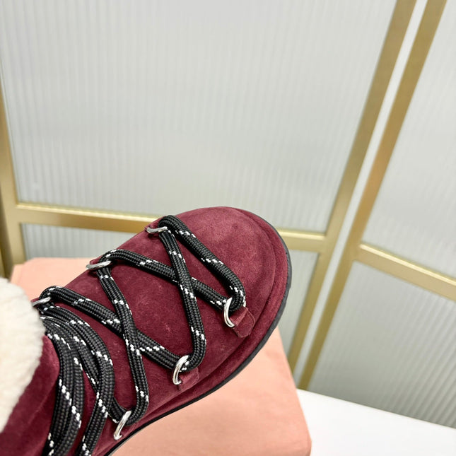 LACE-UP ANKLE BOOTS IN BERRY RED SUEDE AND FLEECE LINING