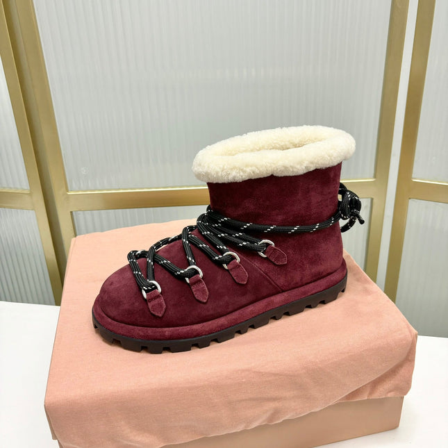 LACE-UP ANKLE BOOTS IN BERRY RED SUEDE AND FLEECE LINING