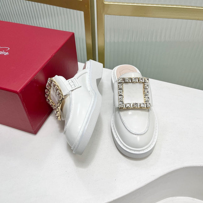 VIV' RANGERS MULES IN WHITE CALFSKIN CRYSTAL BUCKLE