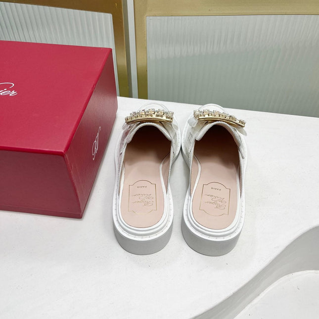 VIV' RANGERS MULES IN WHITE CALFSKIN CRYSTAL BUCKLE