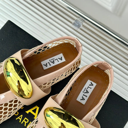 ALAIA MARY JANE SHOES IN BEIGE MESH WITH GOLD HARDWARE