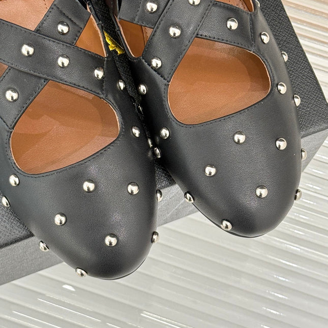 CROSSED STRAP BALLET FLATS IN BLACK CALFSKIN