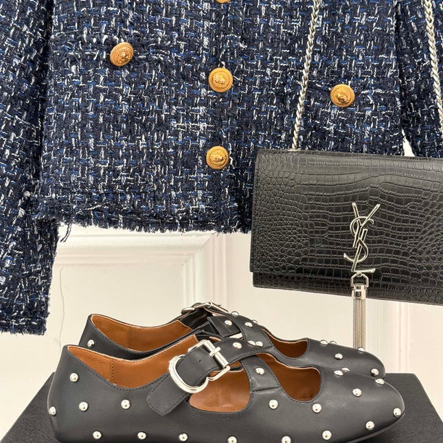 CROSSED STRAP BALLET FLATS IN BLACK CALFSKIN