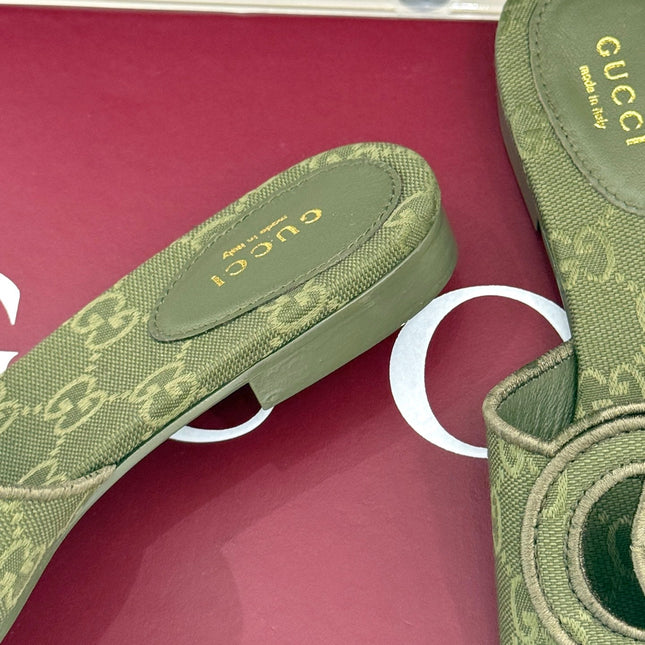 SLIDE SANDALS IN MOSS GREEN FABRIC EMBOSSED LOGO STYLE 2