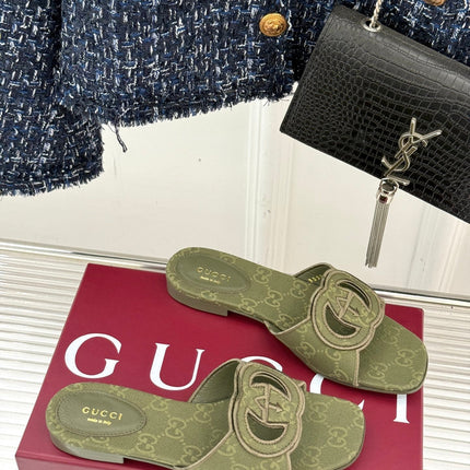 SLIDE SANDALS IN MOSS GREEN FABRIC EMBOSSED LOGO STYLE 2