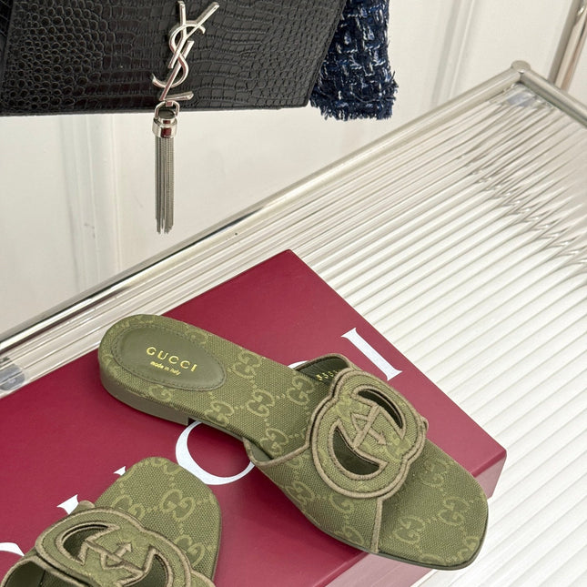 SLIDE SANDALS IN MOSS GREEN FABRIC EMBOSSED LOGO STYLE 2