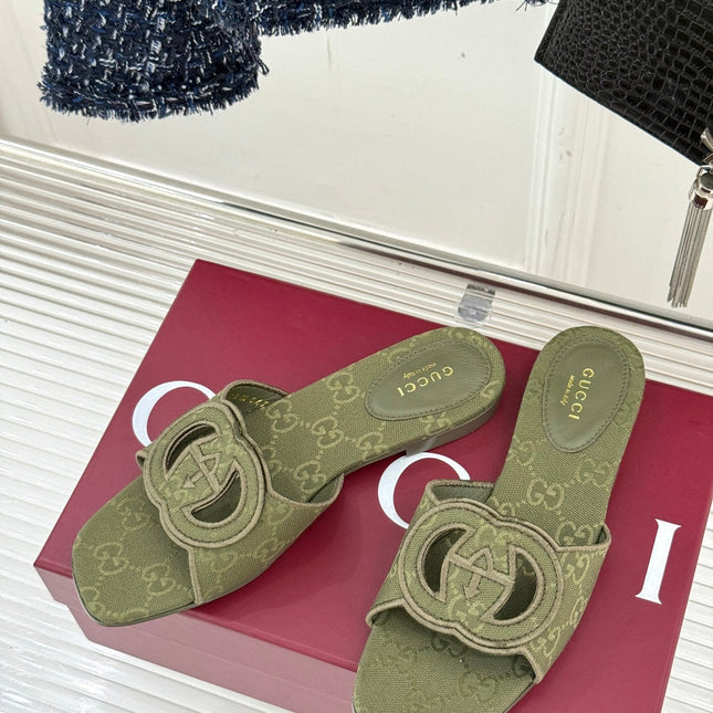 SLIDE SANDALS IN MOSS GREEN FABRIC EMBOSSED LOGO STYLE 2