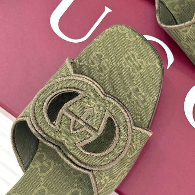 SLIDE SANDALS IN MOSS GREEN FABRIC EMBOSSED LOGO STYLE 2