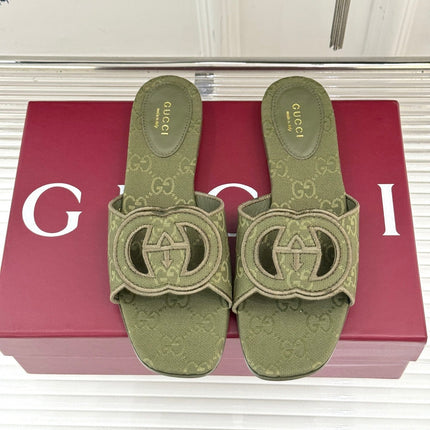 SLIDE SANDALS IN MOSS GREEN FABRIC EMBOSSED LOGO STYLE 2