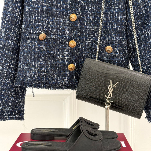 SLIDE SANDALS IN BLACK FABRIC EMBOSSED LOGO STYLE 1