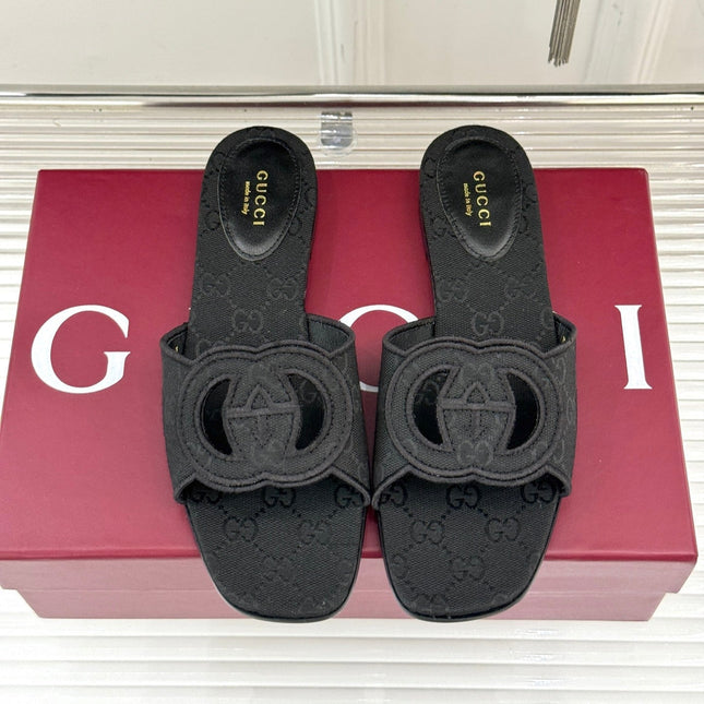 SLIDE SANDALS IN BLACK FABRIC EMBOSSED LOGO STYLE 1