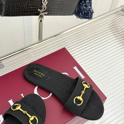 SLIDE SANDALS IN BLACK FABRIC EMBOSSED LOGO