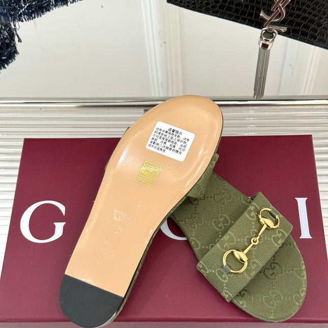 SLIDE SANDALS IN MOSS GREEN FABRIC EMBOSSED LOGO