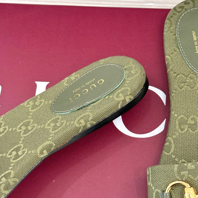 SLIDE SANDALS IN MOSS GREEN FABRIC EMBOSSED LOGO