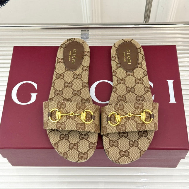 SLIDE SANDALS IN DARK BEIGE FABRIC EMBOSSED LOGO