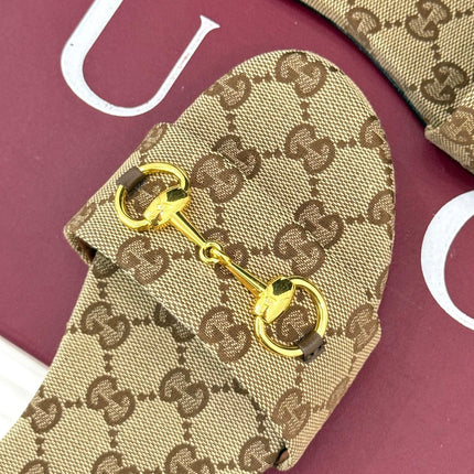 SLIDE SANDALS IN DARK BEIGE FABRIC EMBOSSED LOGO