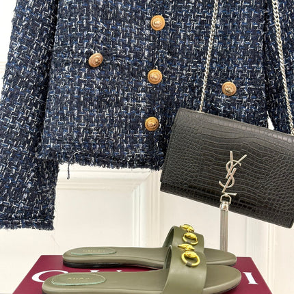 SLIDE SANDALS IN MOSS GREEN CALFSKIN WITH GOLD HARDWARE