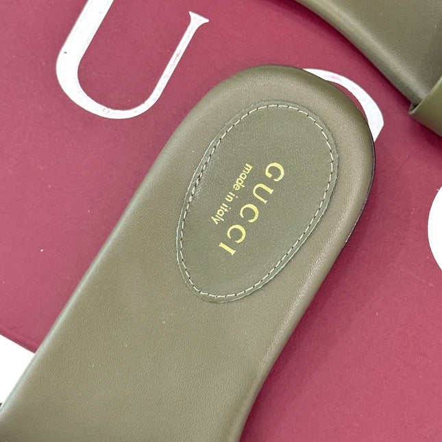 SLIDE SANDALS IN MOSS GREEN CALFSKIN WITH GOLD HARDWARE