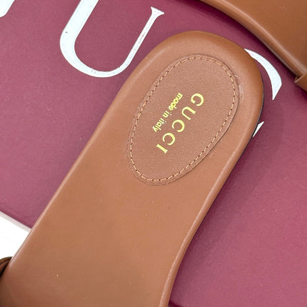 SLIDE SANDALS IN BROWN CALFSKIN WITH GOLD HARDWARE