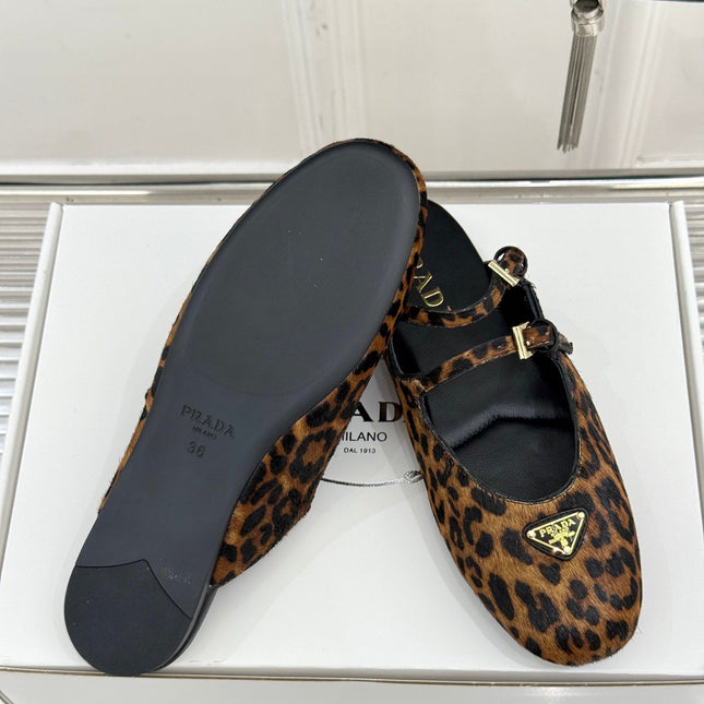 PRADA 25S DUAL MARY JANE BALLERINA MULES IN LEOPARD PRINT PONY HAIR