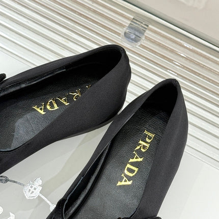 PRADA 25S DOUBLE STRAP BALLERINAS IN BLACK SATIN