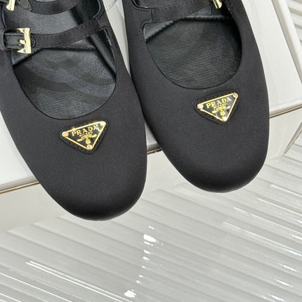 PRADA 25S DOUBLE STRAP BALLERINAS IN BLACK SATIN