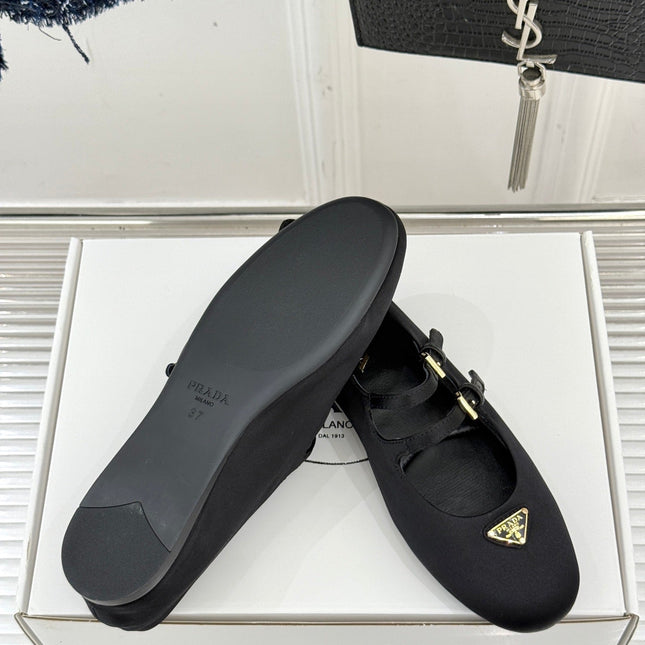 PRADA 25S DOUBLE STRAP BALLERINAS IN BLACK SATIN