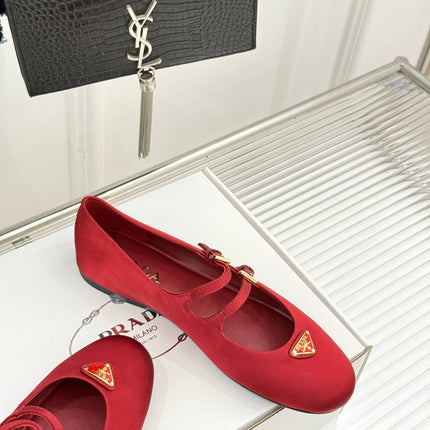 PRADA 25S DOUBLE STRAP BALLERINAS IN RED WINE SATIN