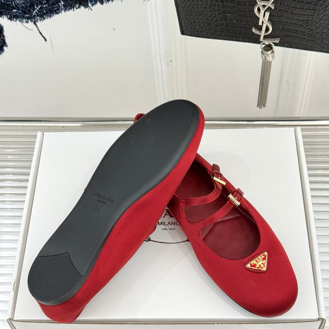 PRADA 25S DOUBLE STRAP BALLERINAS IN RED WINE SATIN