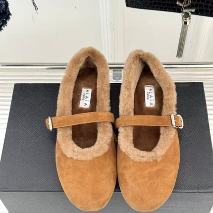 SHEARLING BALLET FLATS IN TAN BROWN SUEDE