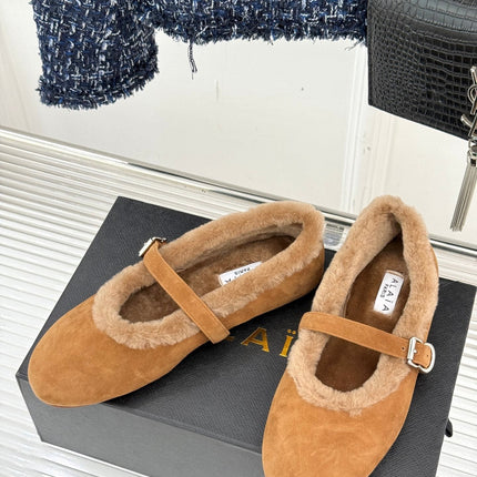 SHEARLING BALLET FLATS IN TAN BROWN SUEDE