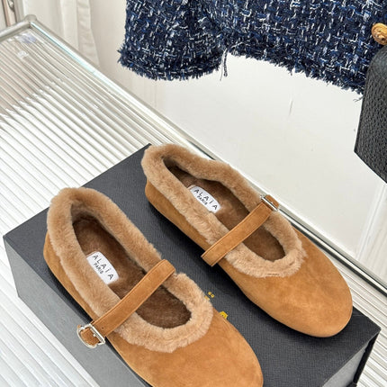 SHEARLING BALLET FLATS IN TAN BROWN SUEDE
