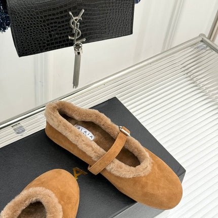 SHEARLING BALLET FLATS IN TAN BROWN SUEDE