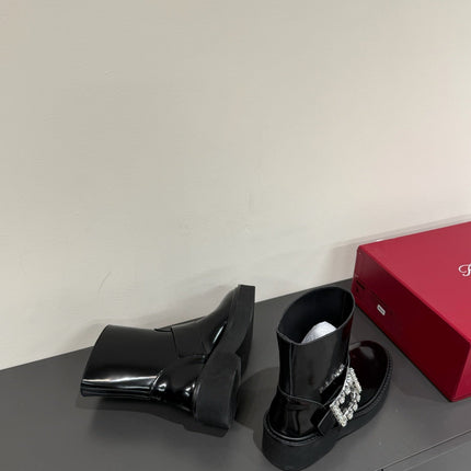 VIV' RANGERS CHELSEA ANKLE BOOTS IN BLACK CALFSKIN WITH SILVER CRYSTAL BUCKLE