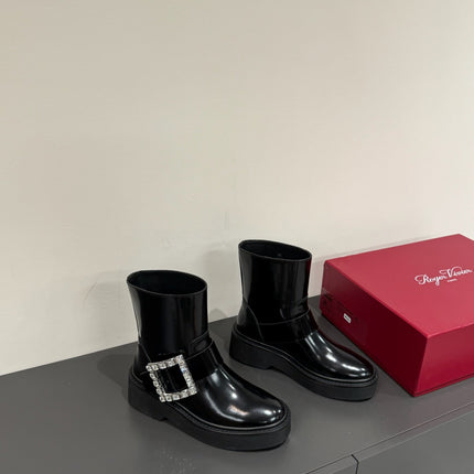 VIV' RANGERS CHELSEA ANKLE BOOTS IN BLACK CALFSKIN WITH SILVER CRYSTAL BUCKLE