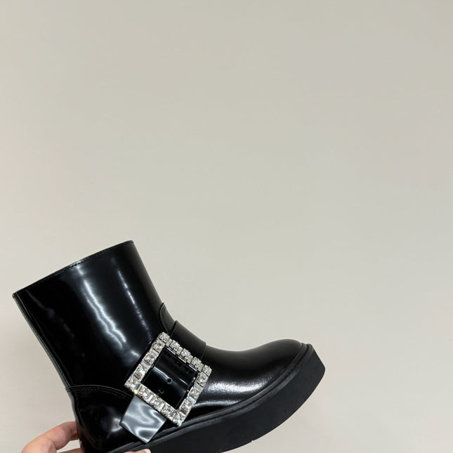 VIV' RANGERS CHELSEA ANKLE BOOTS IN BLACK CALFSKIN WITH SILVER CRYSTAL BUCKLE
